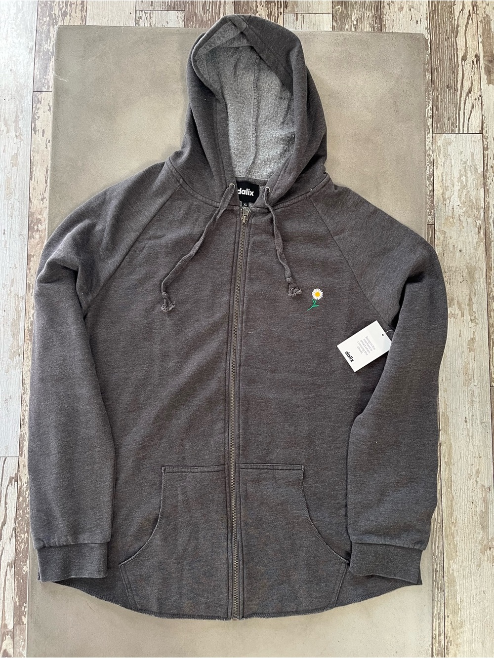 Dalix Dark Grey Full Zip Hoodie Embroidered Daisy Raw Hem Sweatshirt Size XL